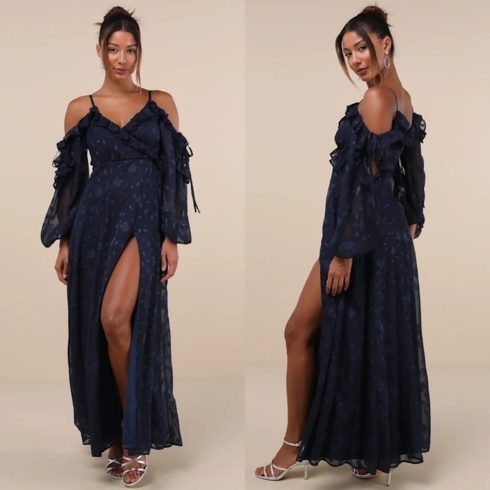 Lulus Pleasant Aura Navy Blue Floral Burnout Cold-Shoulder Maxi Dress S Wedding